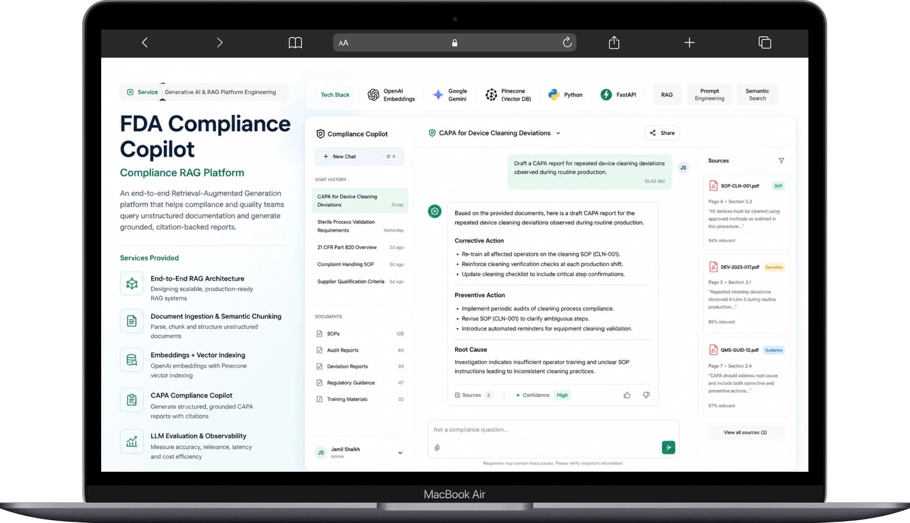 Screenshot of FDA Compliance Copilot project showing FDA Compliance RAG Platform: Retrieval-Augmented Generation over unstructured quality-management documentation with a CAPA copilot and citation-backed conversational search